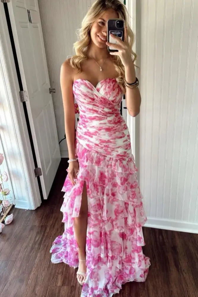 Floral Print Pleated Ruffle Prom Dress with Slit