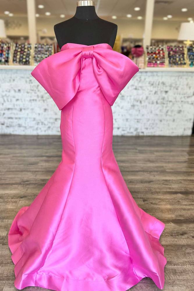 Hot Pink Strapless Mermaid Prom Dress with Bow