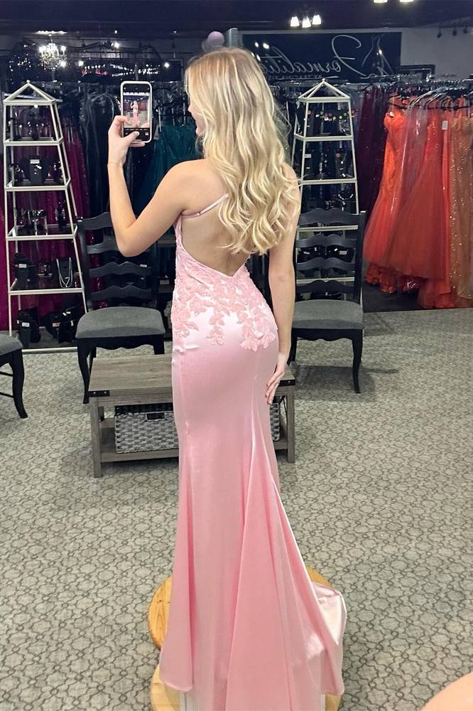 Pink Applique Satin Mermaid Prom Dress with Spaghetti Straps