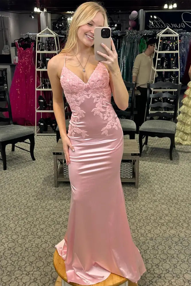 Pink Applique Satin Mermaid Prom Dress with Spaghetti Straps