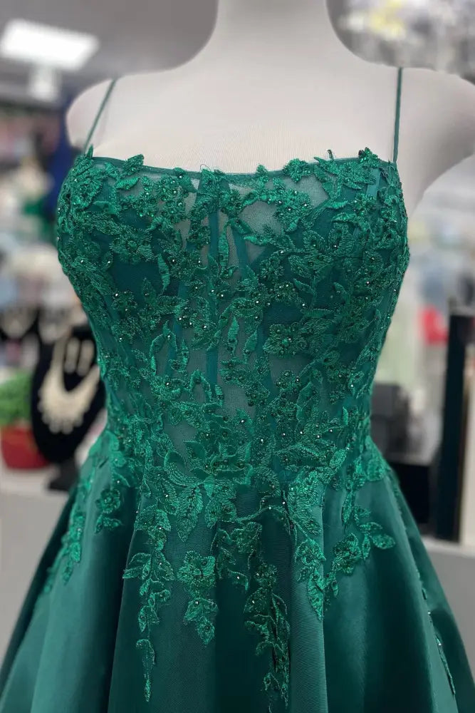 Emerald Green Straps Applique A-Line Prom Dress