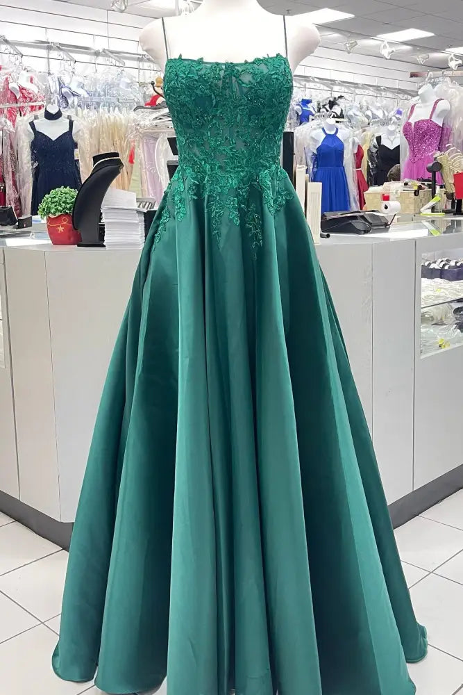 Emerald Green Straps Applique A-Line Prom Dress