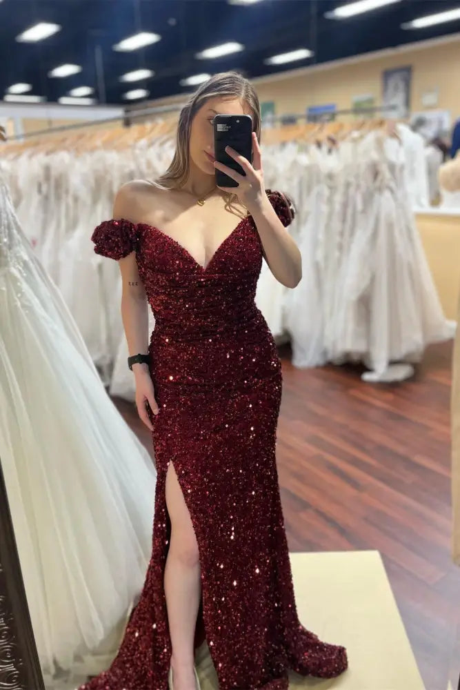 Sequin Mermaid Slit Prom Dress with Off Shoulder