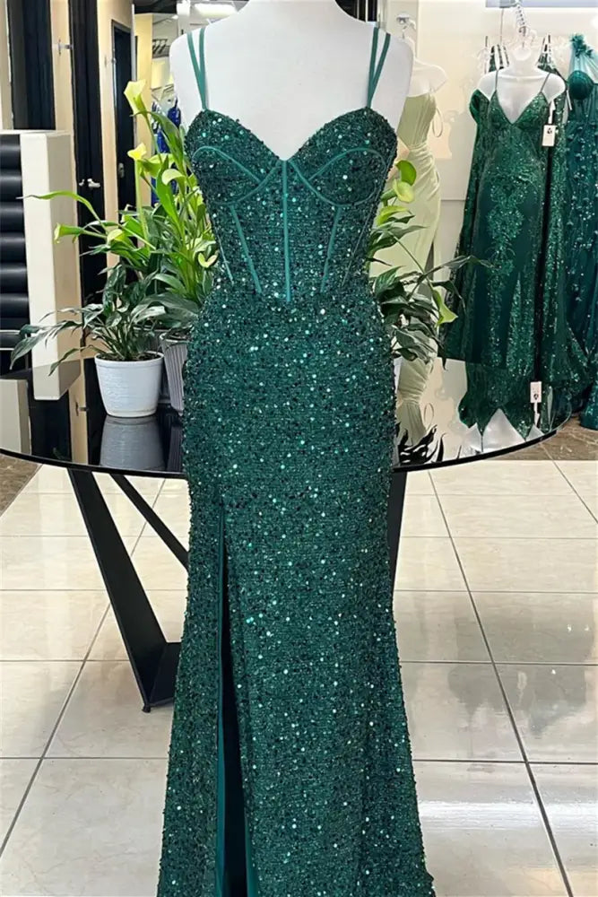 Hunter Green Sequin Mermaid Prom Dress with Slit