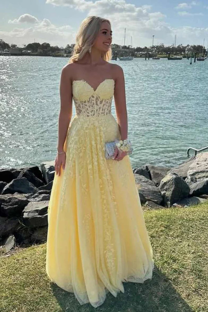 Strapless Applique A-Line Long Prom Dress