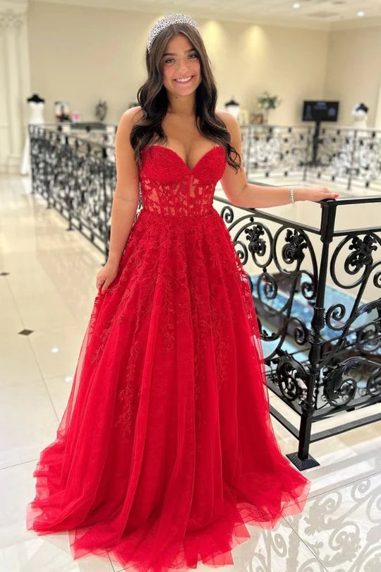 Strapless Applique A-Line Long Prom Dress