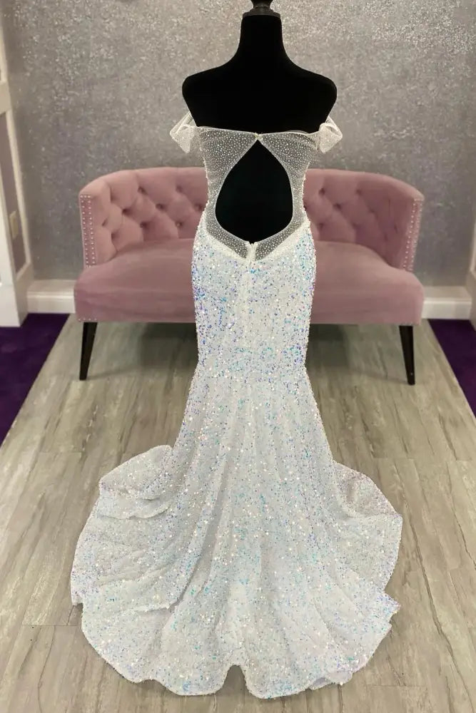 Plunging Neck White Sequin Mermaid Prom Dress