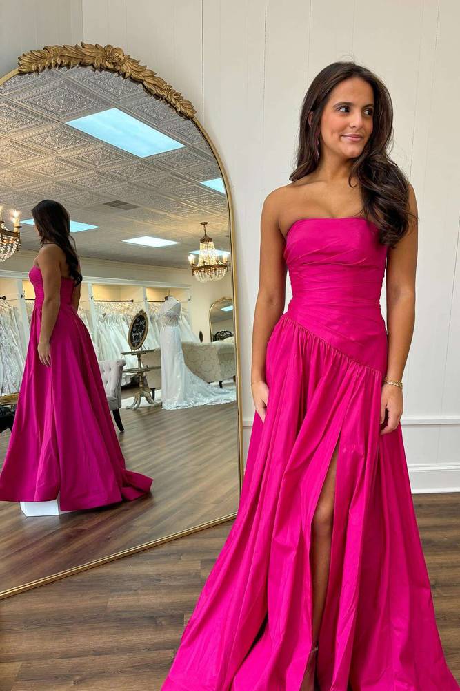 Strapless Hot Pink  A-Line Prom Dress with Slit