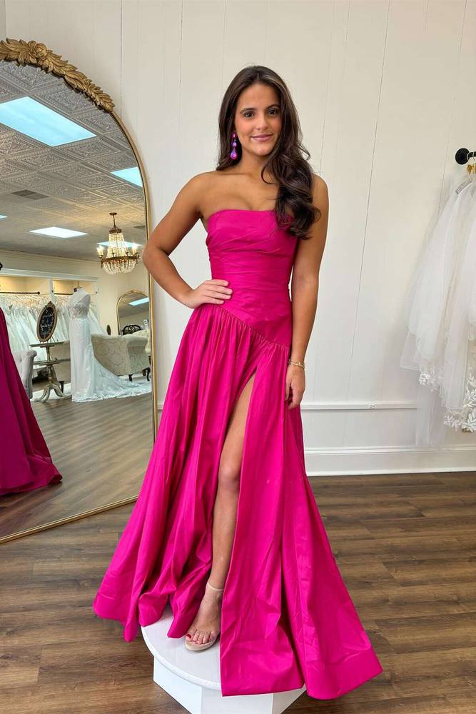 Strapless Hot Pink  A-Line Prom Dress with Slit