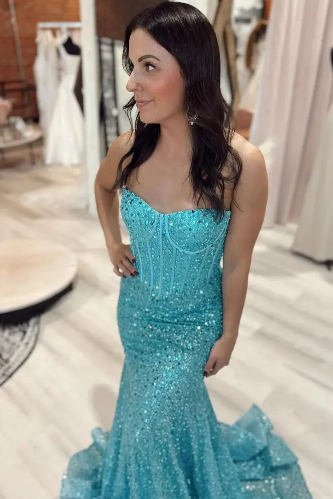 Strapless Blue Sequin Long Mermaid Prom Dress