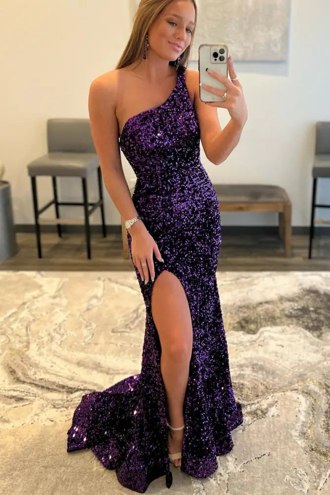 One Shoulder Purple Sequin Mermaid Prom Dress with Slit