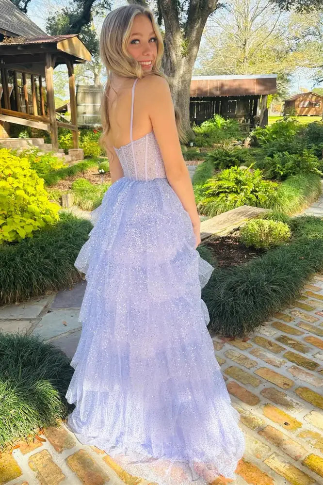 Straps Lavender Pleated Tiered Prom Dress