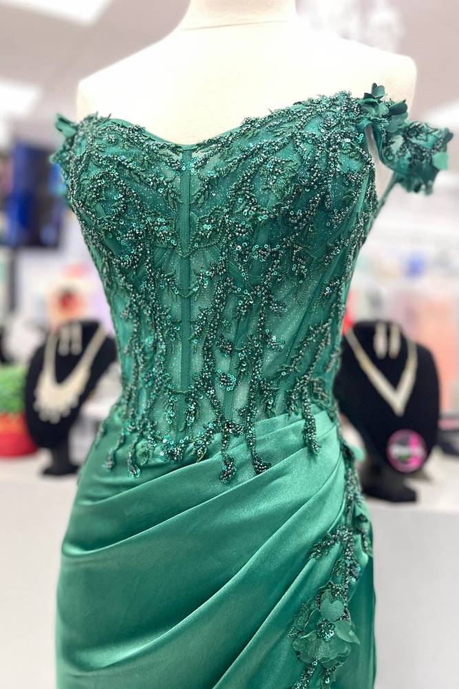 Green Applique Pleated Mermaid Prom Dress with Off Shoulder