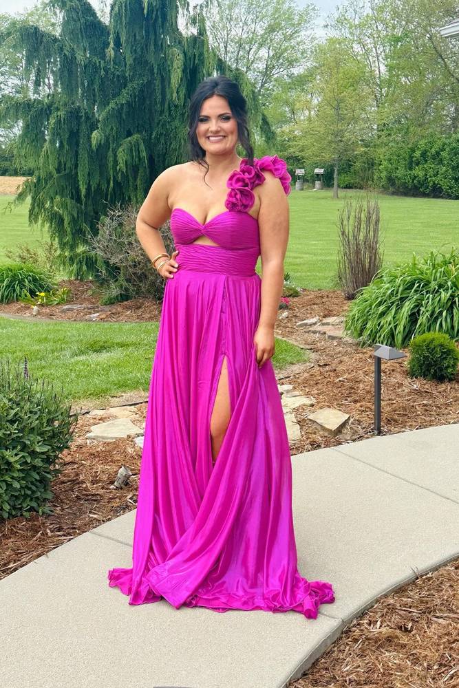 Hot Pink Keyhole Pleated Slit Prom Dress with One Shoulder