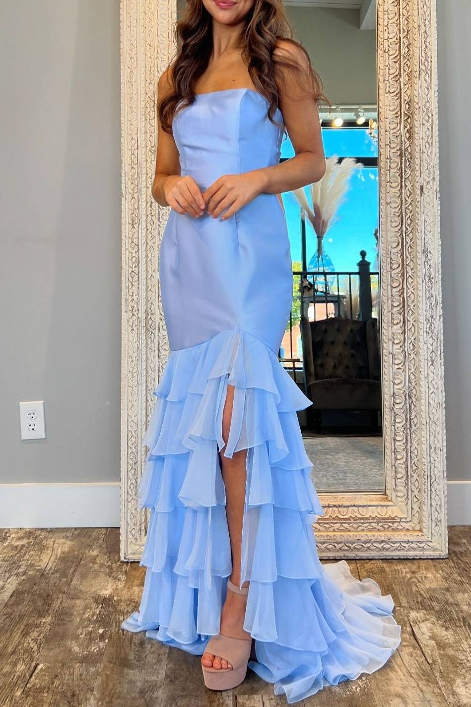 Light Blue Strapless Ruffle Mermaid Prom Dress