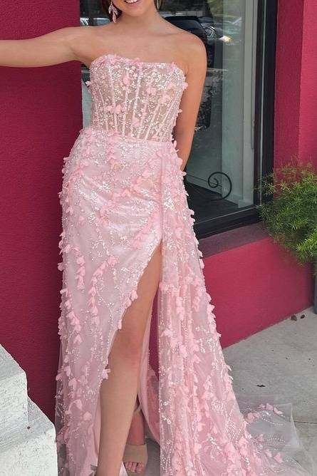 Strapless Pink Slit Mermaid Prom Dress with 3D Floral