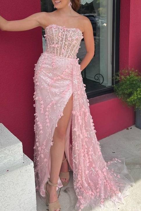 Strapless Pink Slit Mermaid Prom Dress with 3D Floral