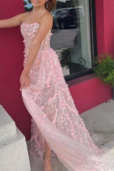 Strapless Pink Slit Mermaid Prom Dress with 3D Floral