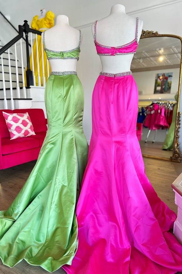 Fuchsia Cutout Beaded Mermaid Prom Dress with Bow