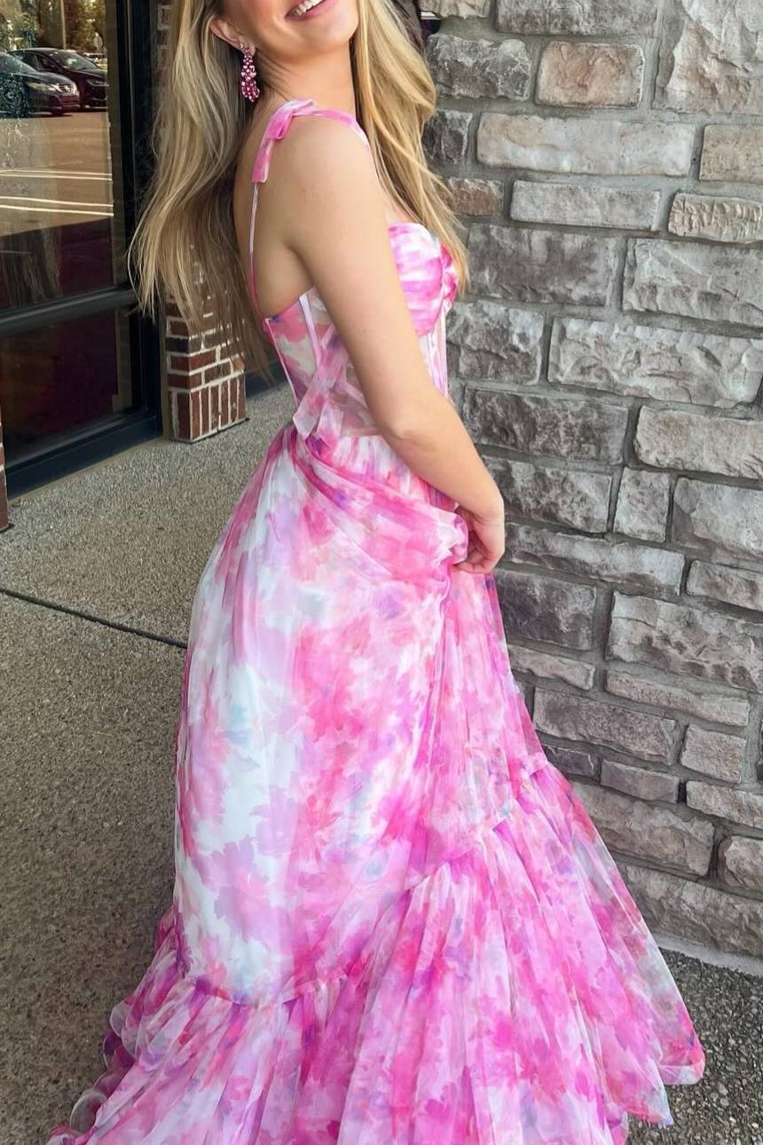 Pink Floral Print Corset A-Line Prom Dress with Bow Tie Straps