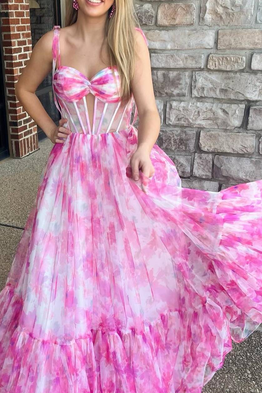 Pink Floral Print Corset A-Line Prom Dress with Bow Tie Straps