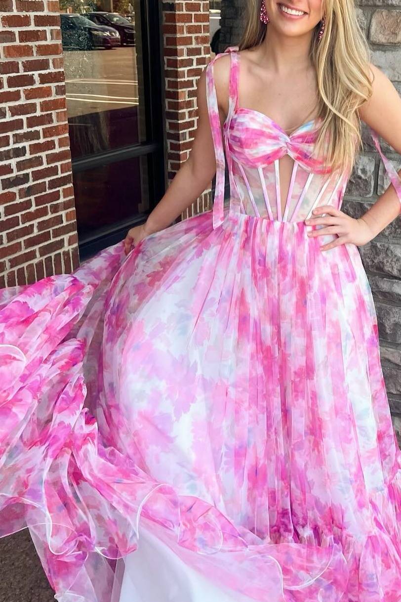 Pink Floral Print Corset A-Line Prom Dress with Bow Tie Straps