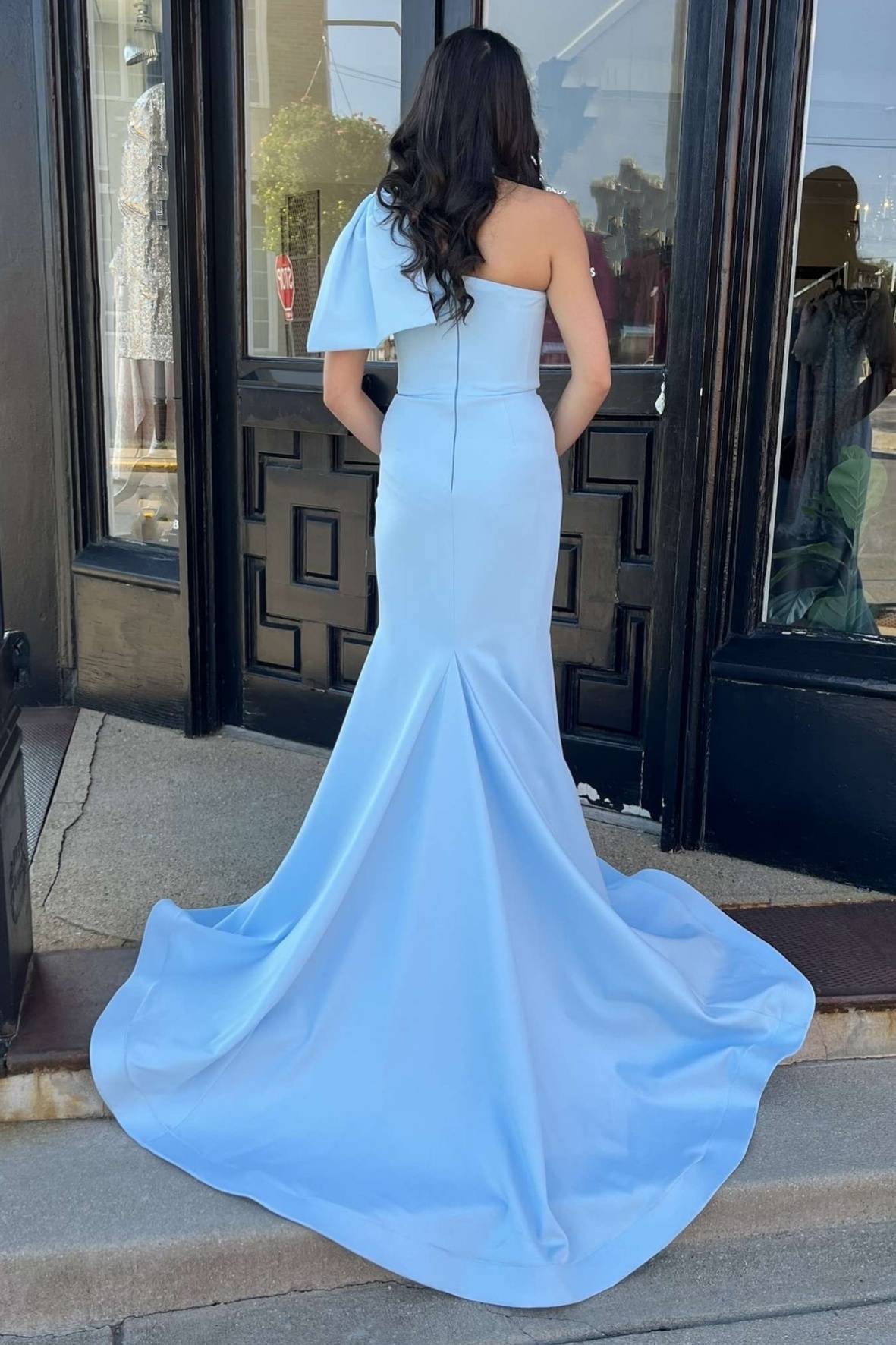 One Shoulder Lignt Blue Satin Mermaid Prom Dress