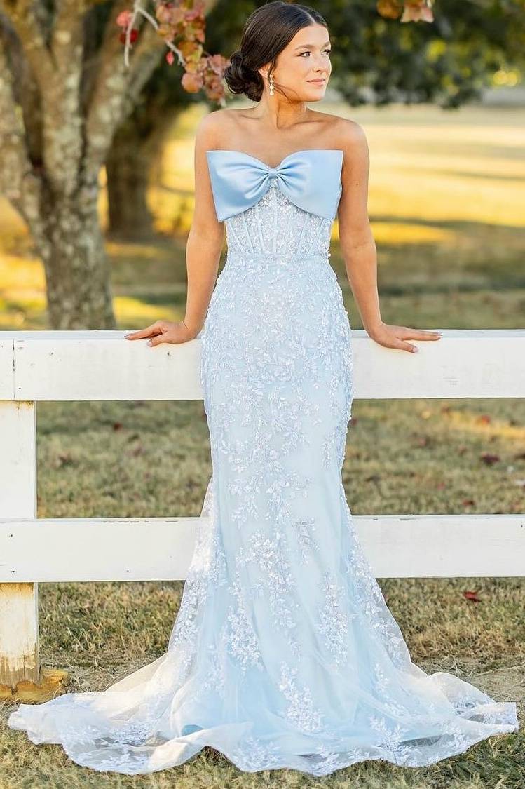 Strapless Blue Applique Mermaid Prom Dress with Bow