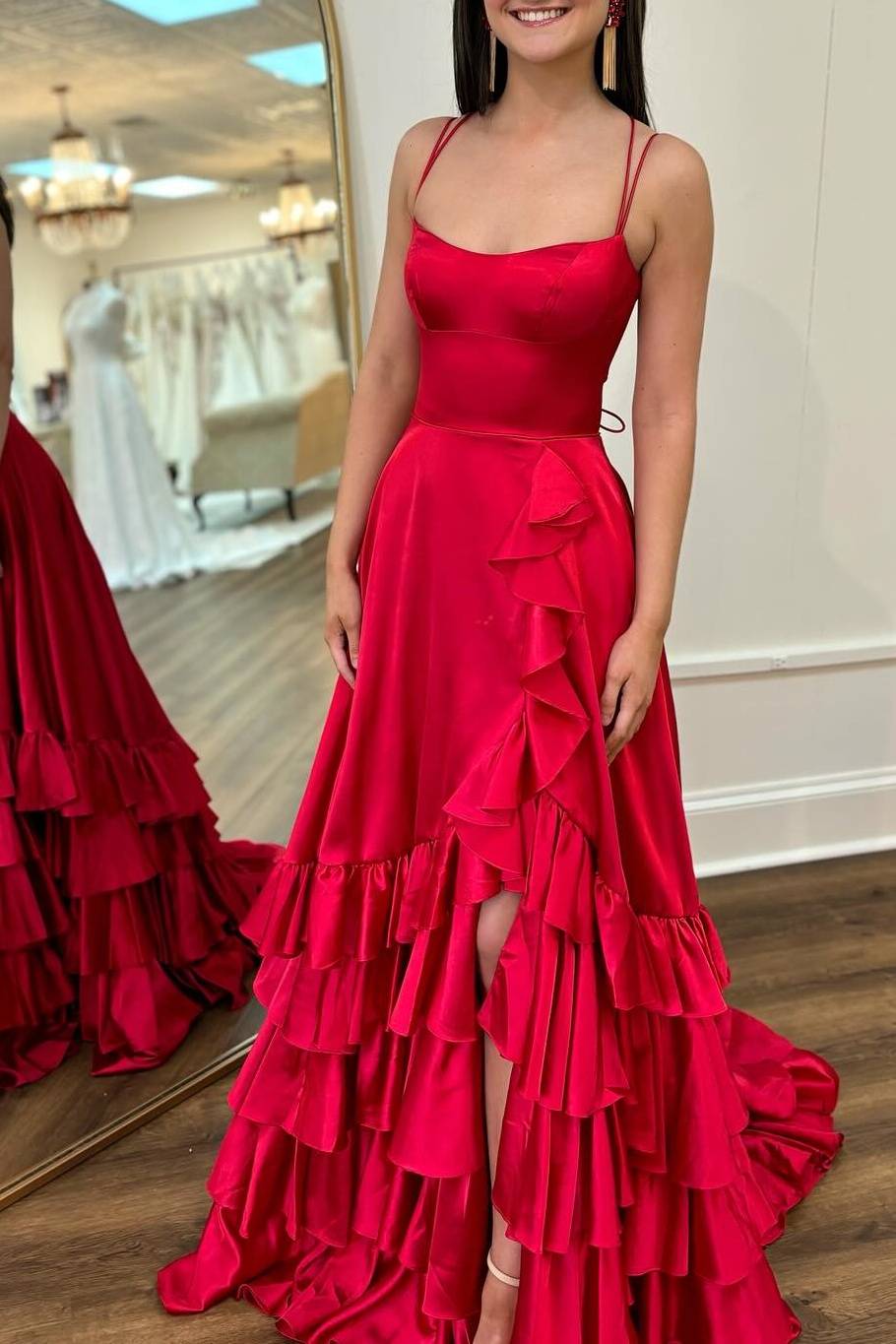 Crew Neck Ruffle Slit Mermaid Prom Dress with Lace-Up