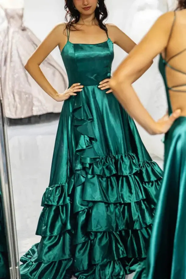 Crew Neck Ruffle Slit Mermaid Prom Dress with Lace-Up