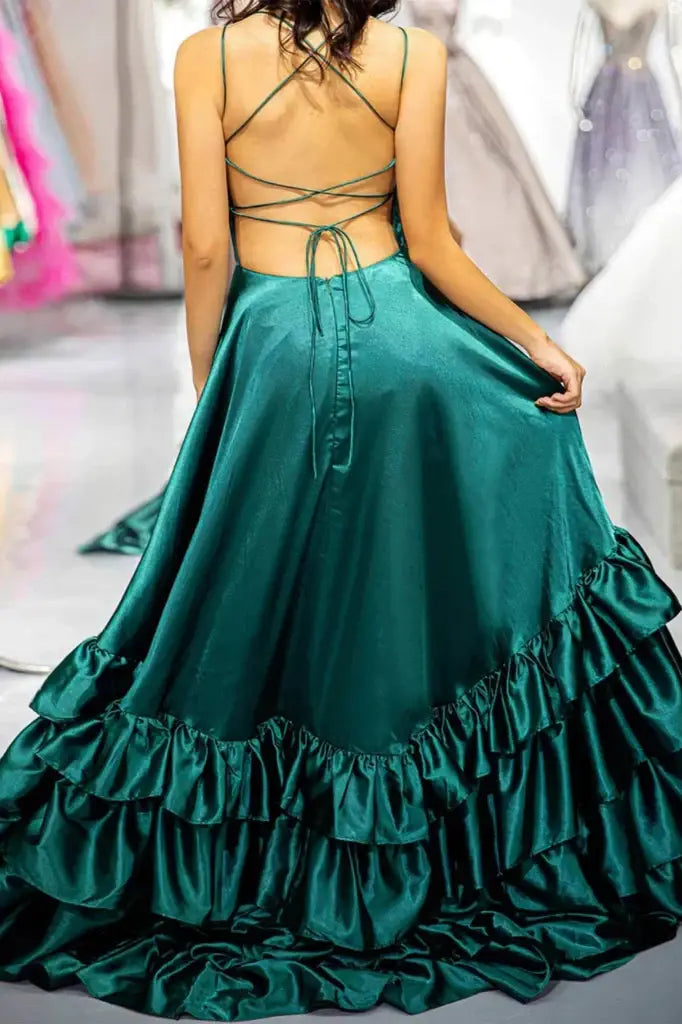 Crew Neck Ruffle Slit Mermaid Prom Dress with Lace-Up