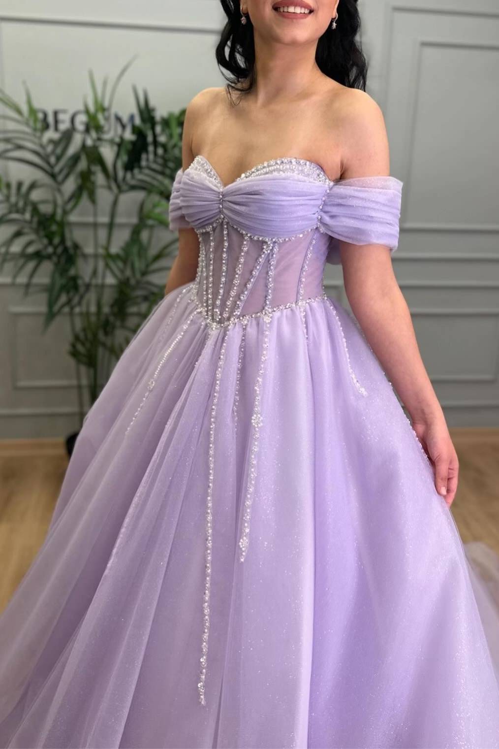 Lavender Beaded A-Line Tulle Prom Dress with Off Shoulder