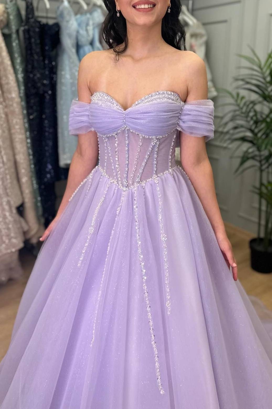 Lavender Beaded A-Line Tulle Prom Dress with Off Shoulder