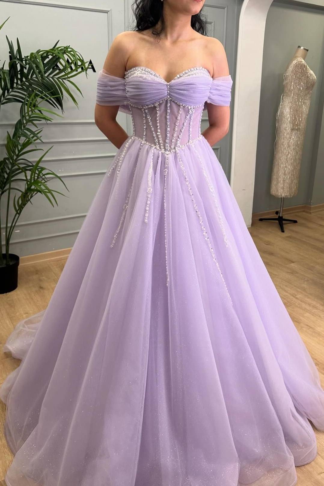 Lavender Beaded A-Line Tulle Prom Dress with Off Shoulder