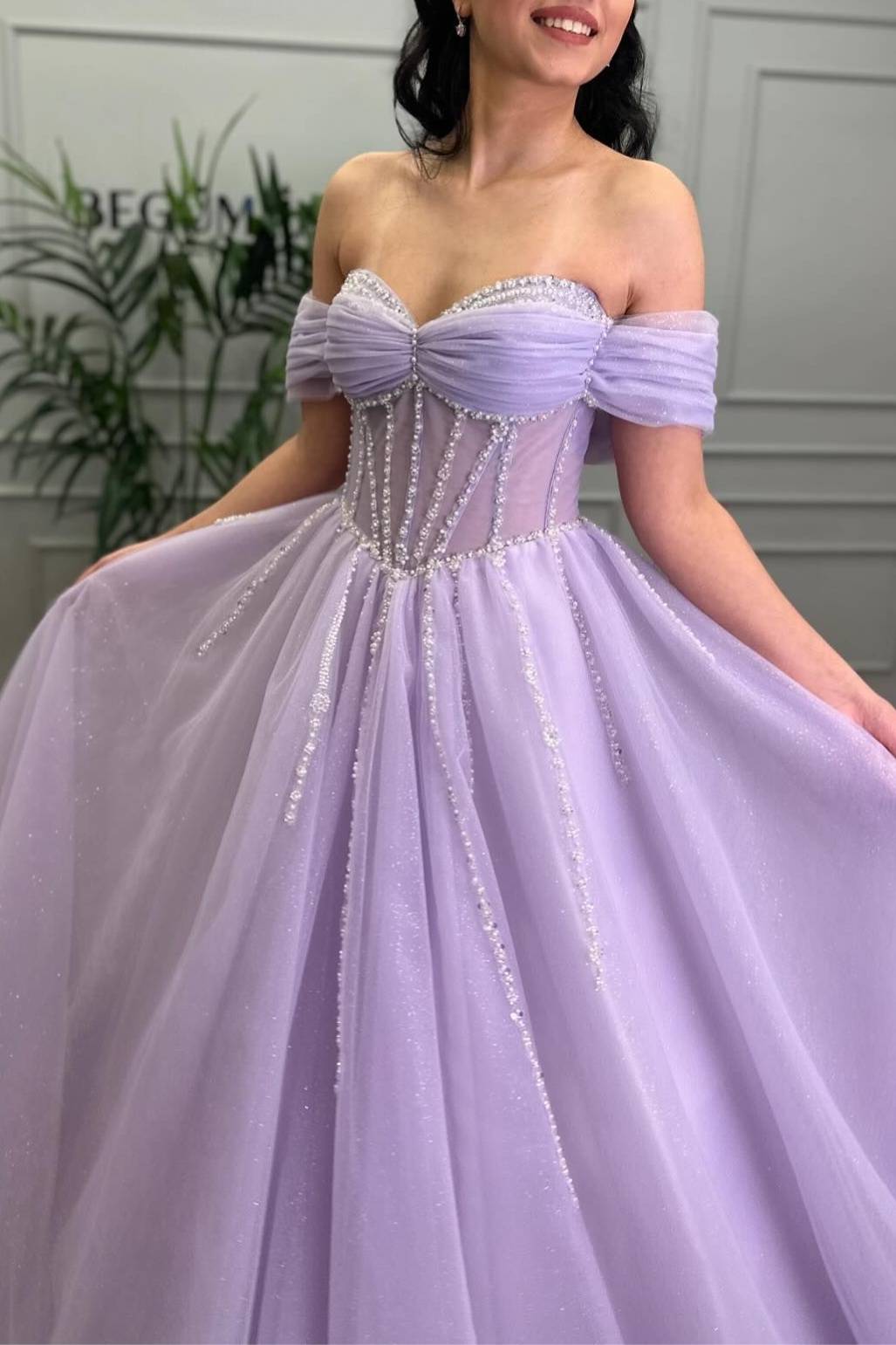 Lavender Beaded A-Line Tulle Prom Dress with Off Shoulder