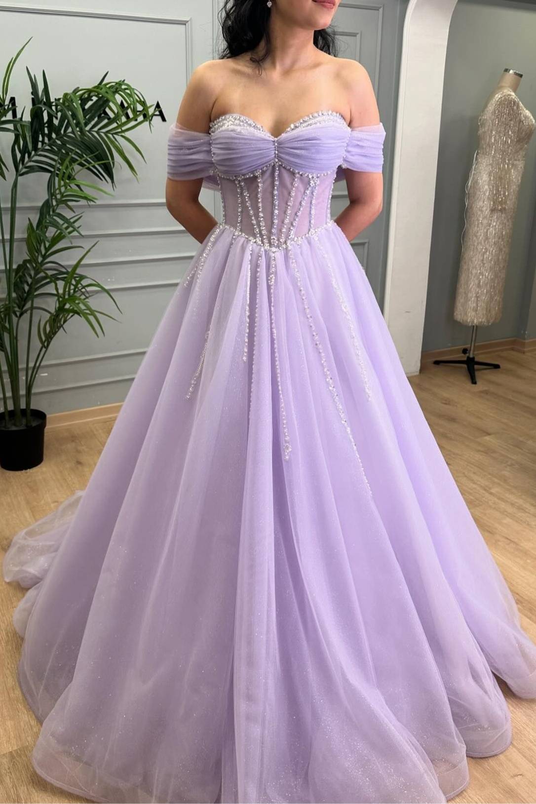 Lavender Beaded A-Line Tulle Prom Dress with Off Shoulder