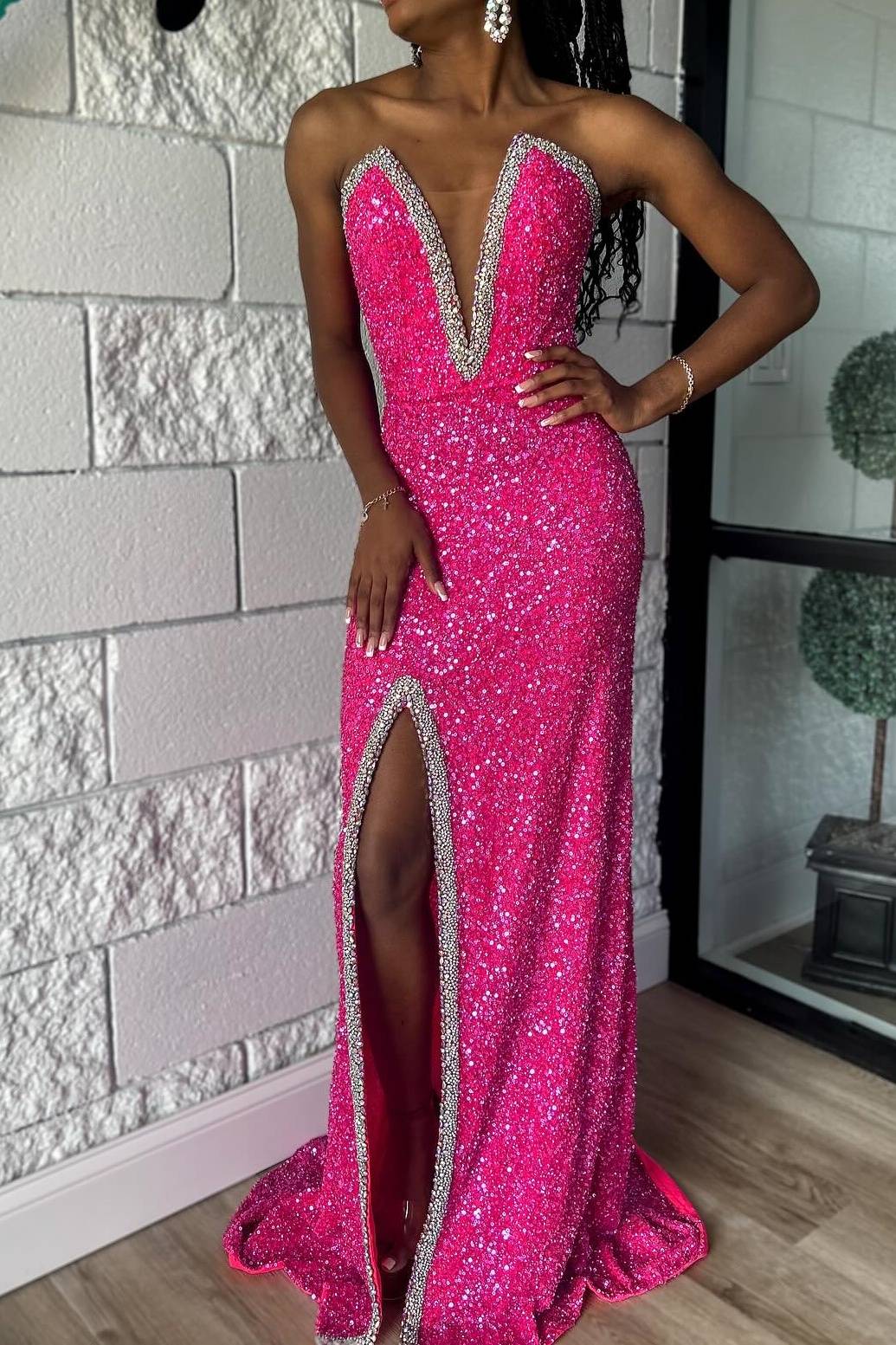 Plunging Neck Sequin Mermaid Prom Dress with Slit