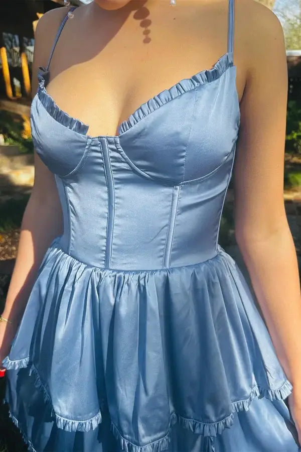 Dusty Blue Straps Ruffle A-Line Prom Dress with Slit