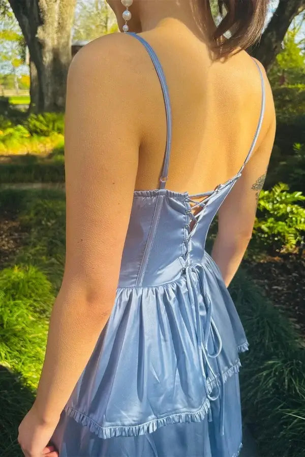 Dusty Blue Straps Ruffle A-Line Prom Dress with Slit