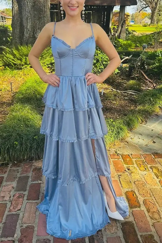 Dusty Blue Straps Ruffle A-Line Prom Dress with Slit