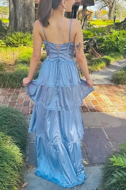 Dusty Blue Straps Ruffle A-Line Prom Dress with Slit