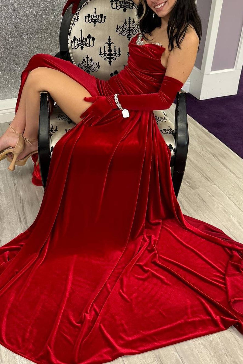 Red Strapless Beaded Velvet Slit Prom Dress with Long Sleeves