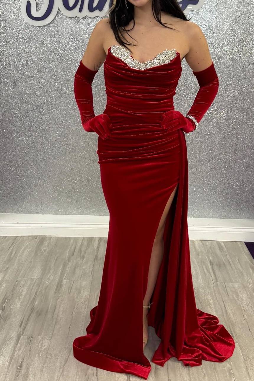 Red Strapless Beaded Velvet Slit Prom Dress with Long Sleeves