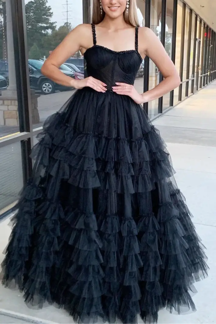 Lavender Straps Beaded Layered A-Line Prom Dress