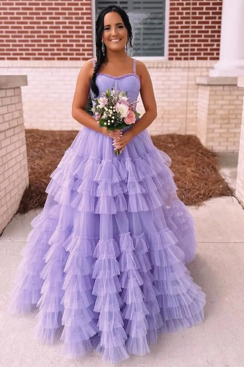 Lavender Straps Beaded Layered A-Line Prom Dress