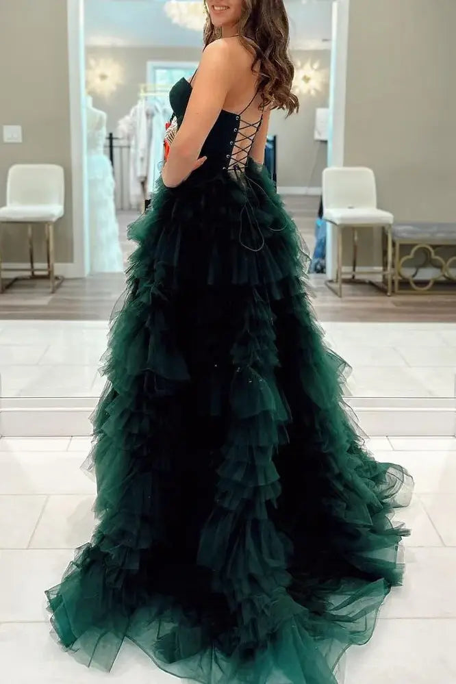 Green Spaghetti Straps Layered Tulle Prom Dress with Slit