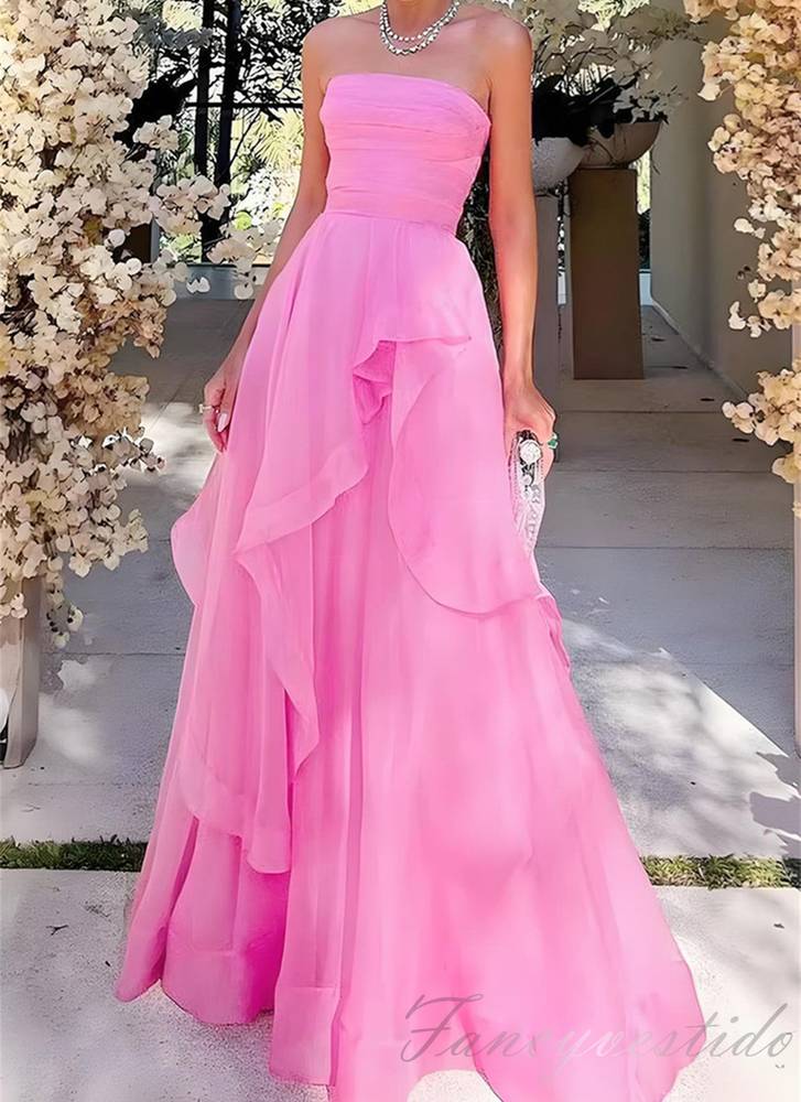 Pink Strapless Multi-Layered A-Line Long Prom Dress