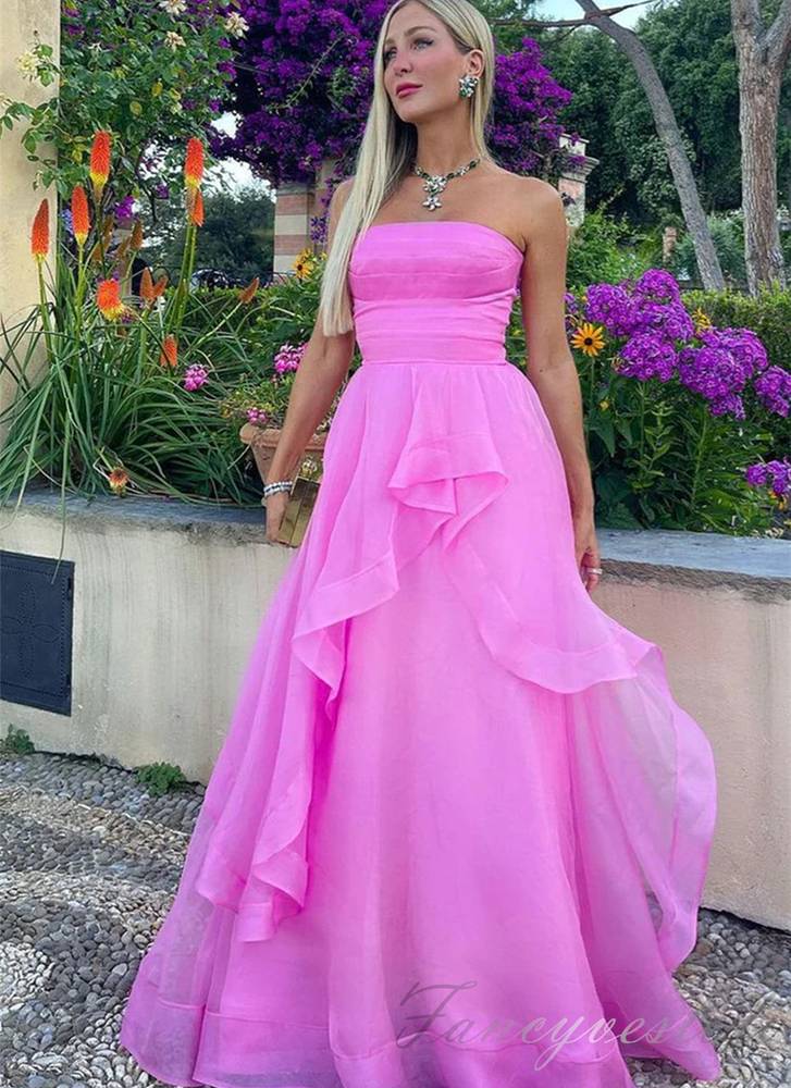 Pink Strapless Multi-Layered A-Line Long Prom Dress