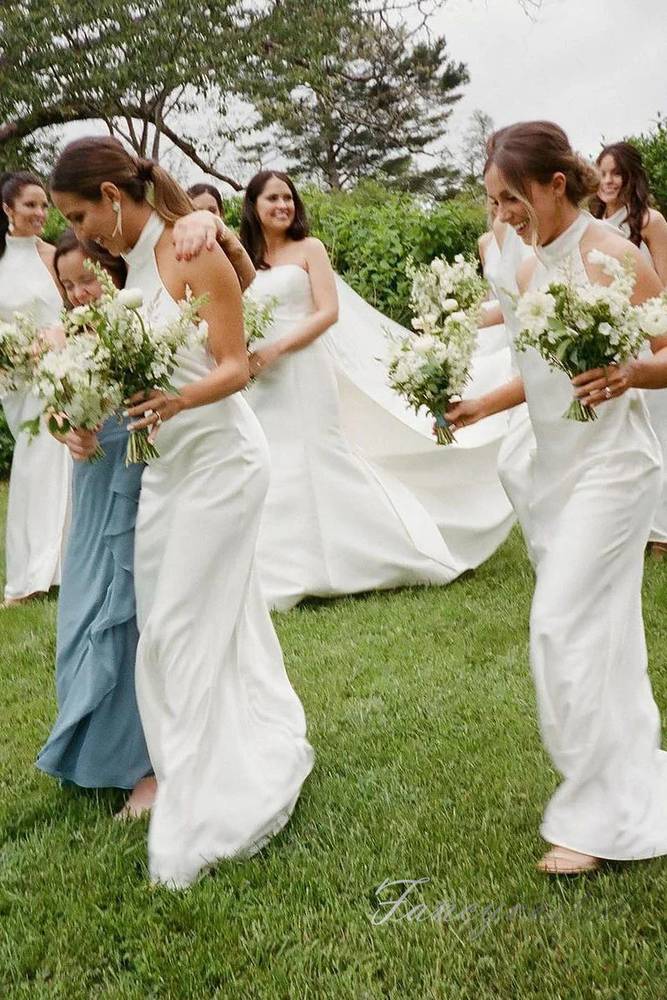 Elegant Halter Satin Long Bridesmaid Dress with Open Back