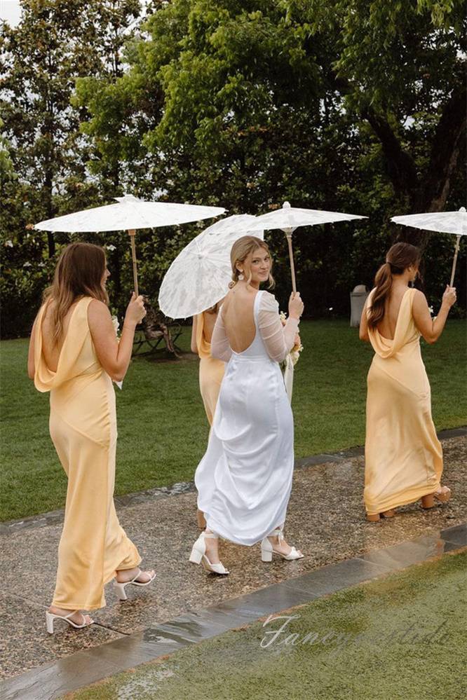 Gold V-Neck Satin Long Bridesmaid Dress with Ruffle Back